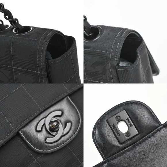 CHANEL CC Logo New Travel Line Chain Shoulder Bag Canvas Leather Black 310RP04 - Picture 16 of 16